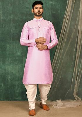 Pink Embroidered Silk Kurta Set For Men