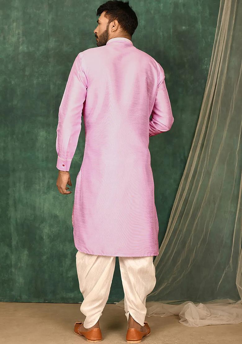 Pink Embroidered Silk Kurta Set For Men