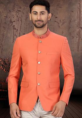 Dark Peach Embroidered Cotton Bandhgala For Men