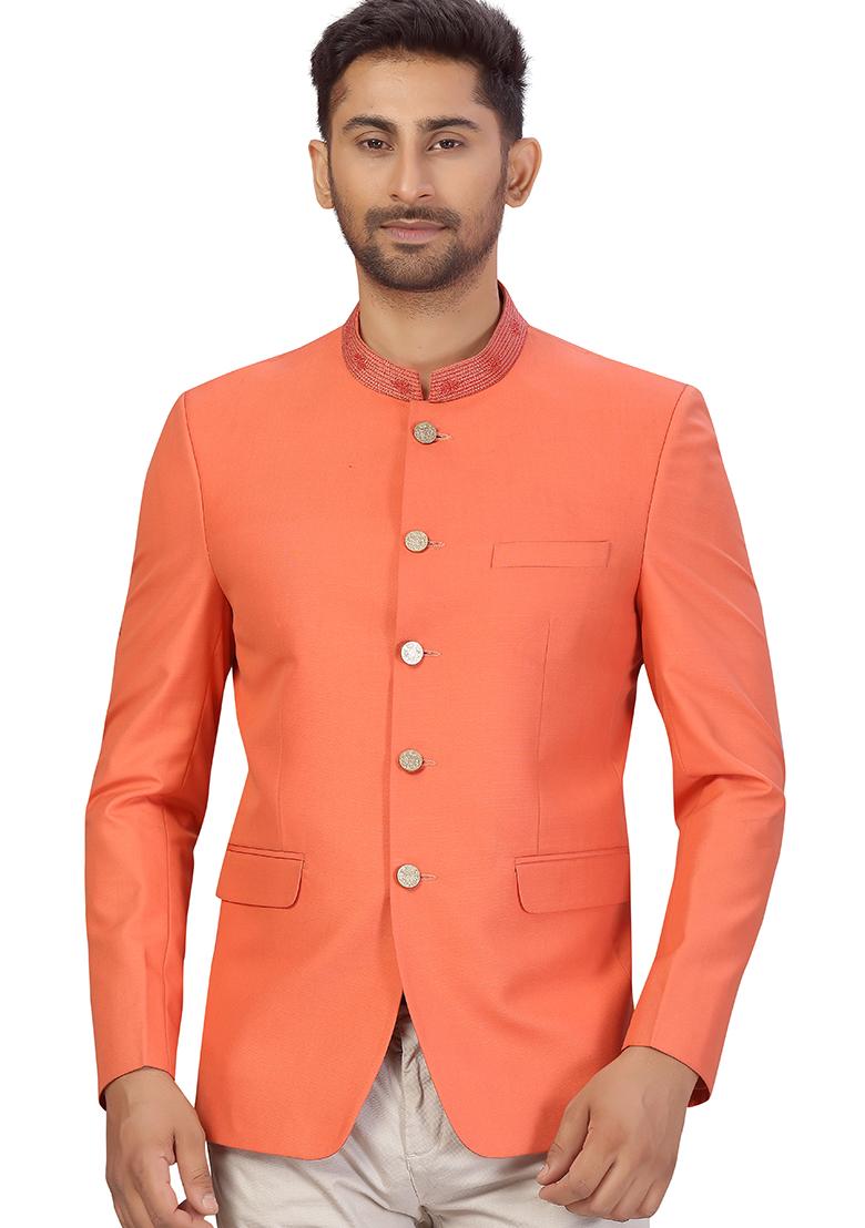 Dark Peach Embroidered Cotton Bandhgala For Men