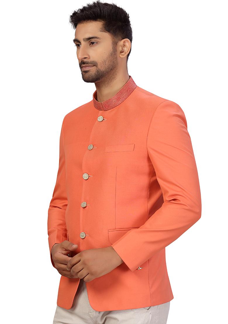 Dark Peach Embroidered Cotton Bandhgala For Men