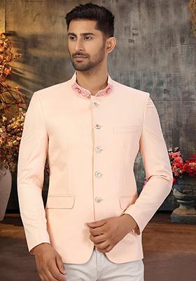 Light Peach Embroidered Cotton Bandhgala For Men