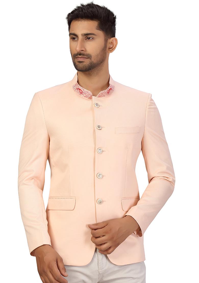 Light Peach Embroidered Cotton Bandhgala For Men