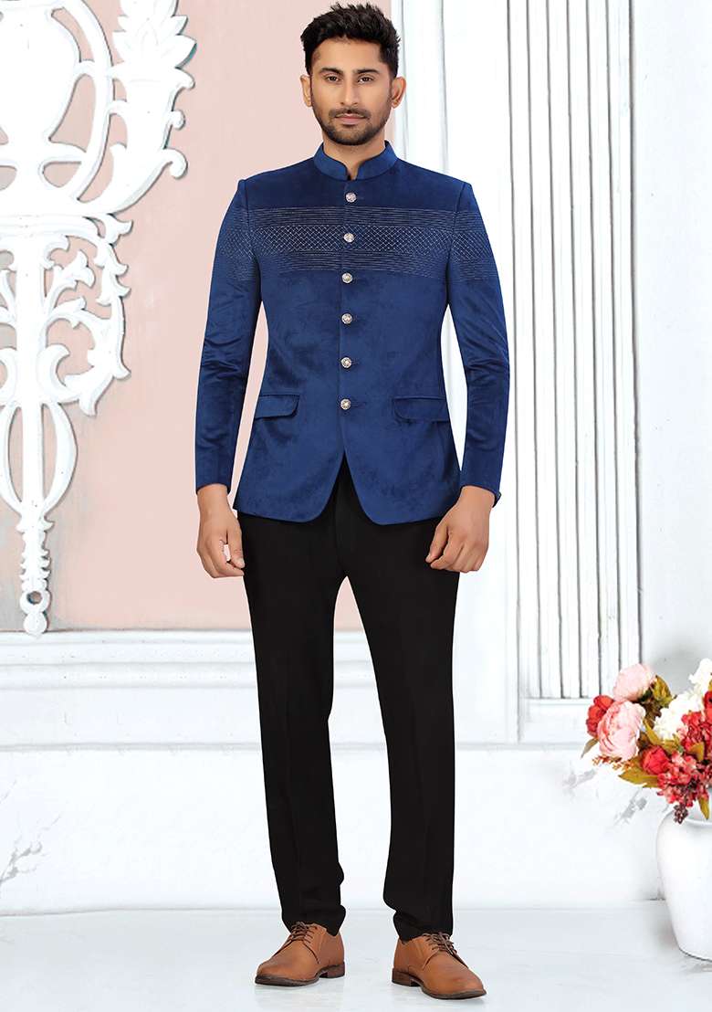 Navy Blue Embroidered Velvet  Bandhgala For Men - Indya