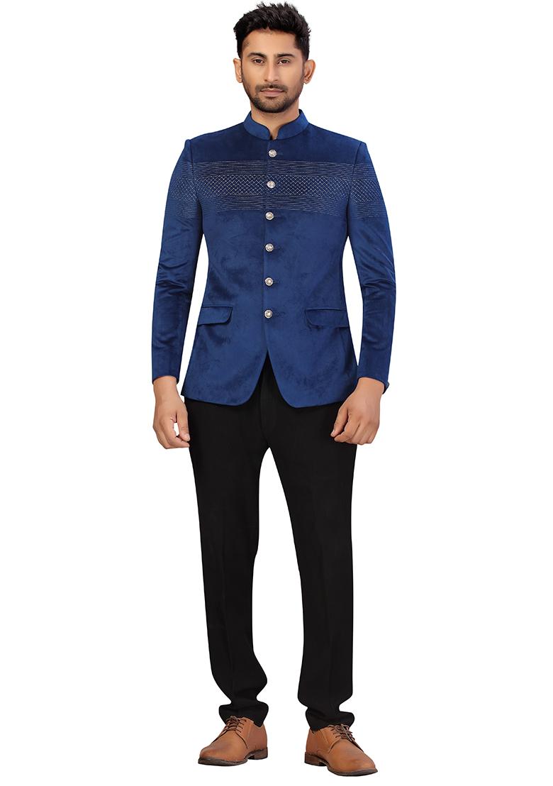 Navy Blue Embroidered Velvet  Bandhgala For Men