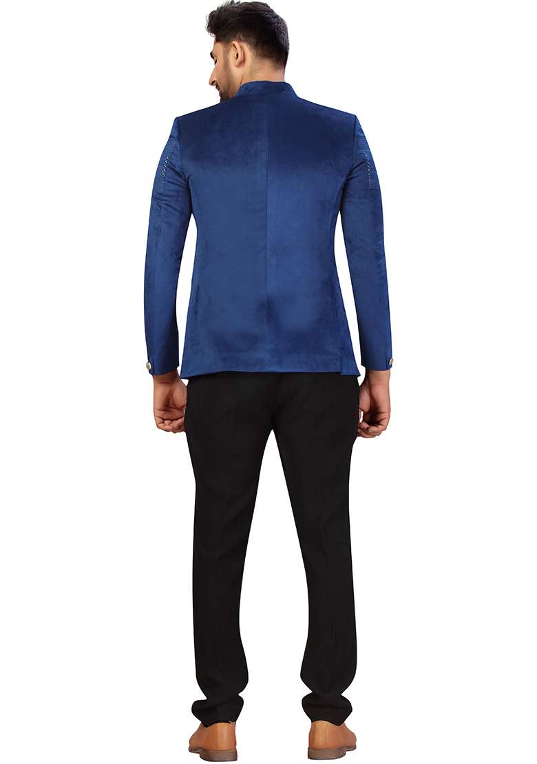 Navy Blue Embroidered Velvet  Bandhgala For Men - Indya