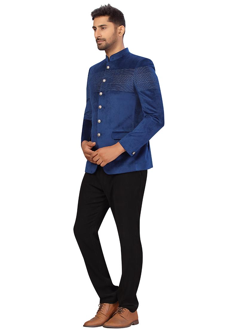 Navy Blue Embroidered Velvet  Bandhgala For Men