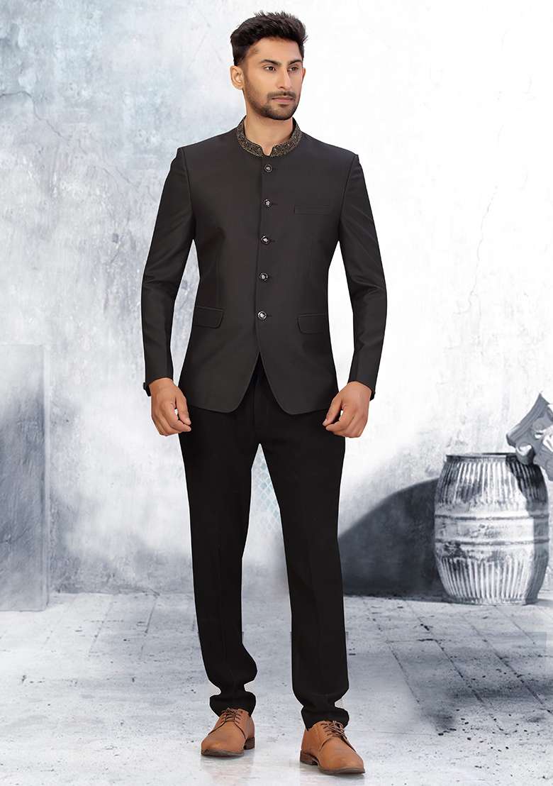 Black Embroidered Cotton Bandhgala For Men - Indya