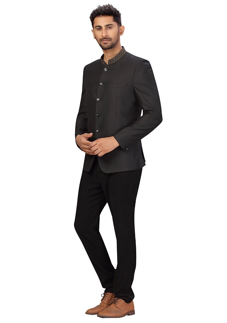 Black Embroidered Cotton Bandhgala For Men