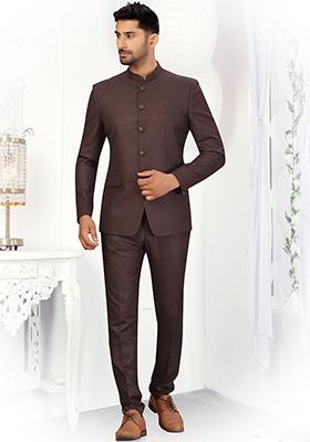 Wine Solid Cotton Bandhgala For Men