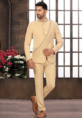 Beige Embroidered Cotton Bandhgala For Men
