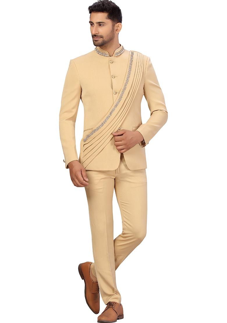 Beige Embroidered Cotton Bandhgala For Men