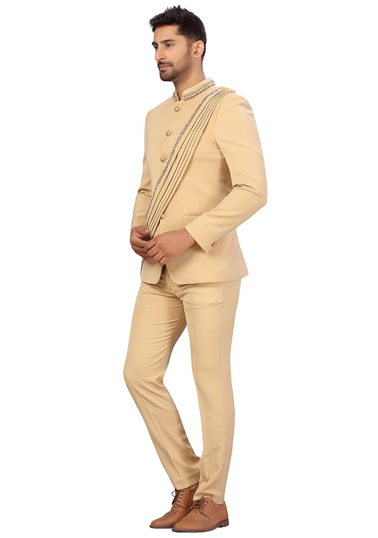 Beige Embroidered Cotton Bandhgala For Men