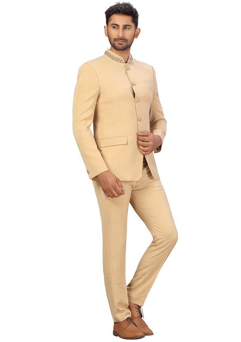Beige Embroidered Cotton Bandhgala For Men