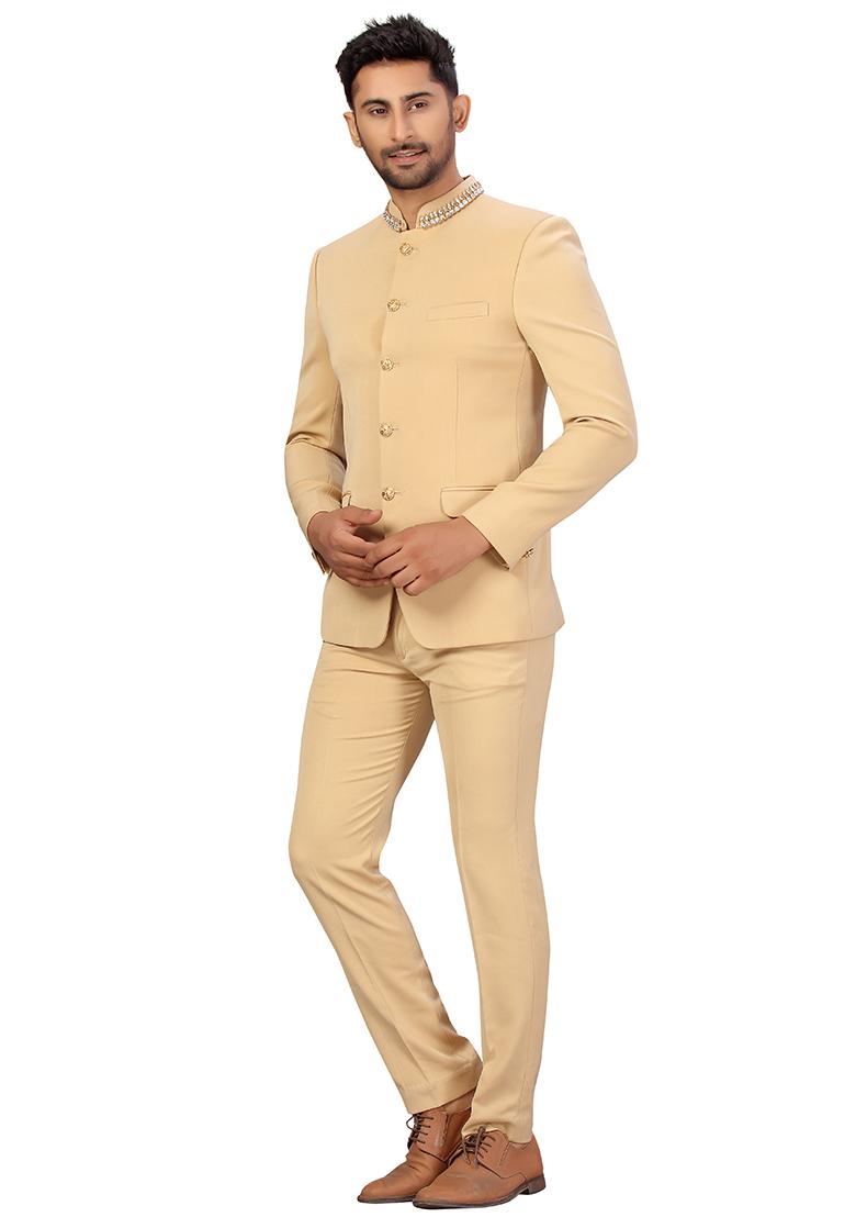 Beige Embroidered Cotton Bandhgala For Men