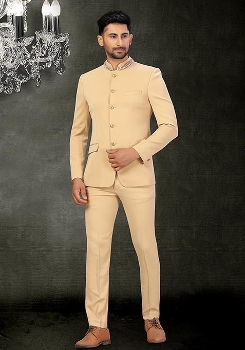 Beige Embroidered Cotton Bandhgala For Men