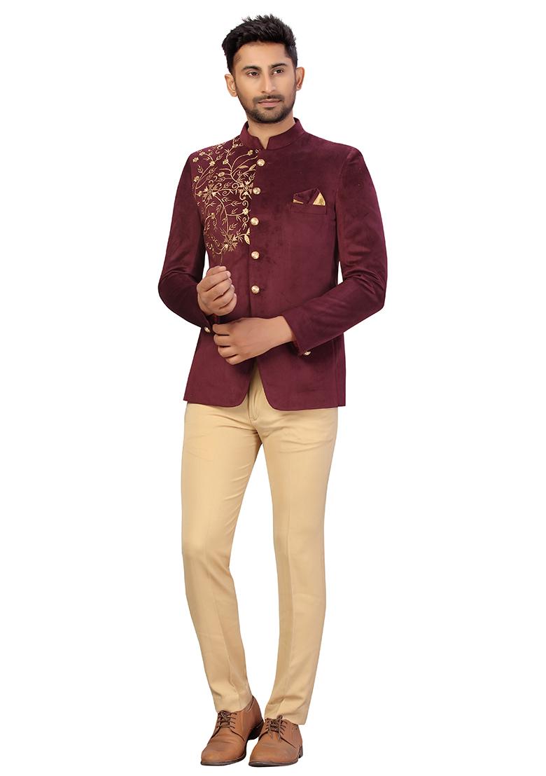 Wine Embroidered Velvet  Bandhgala For Men