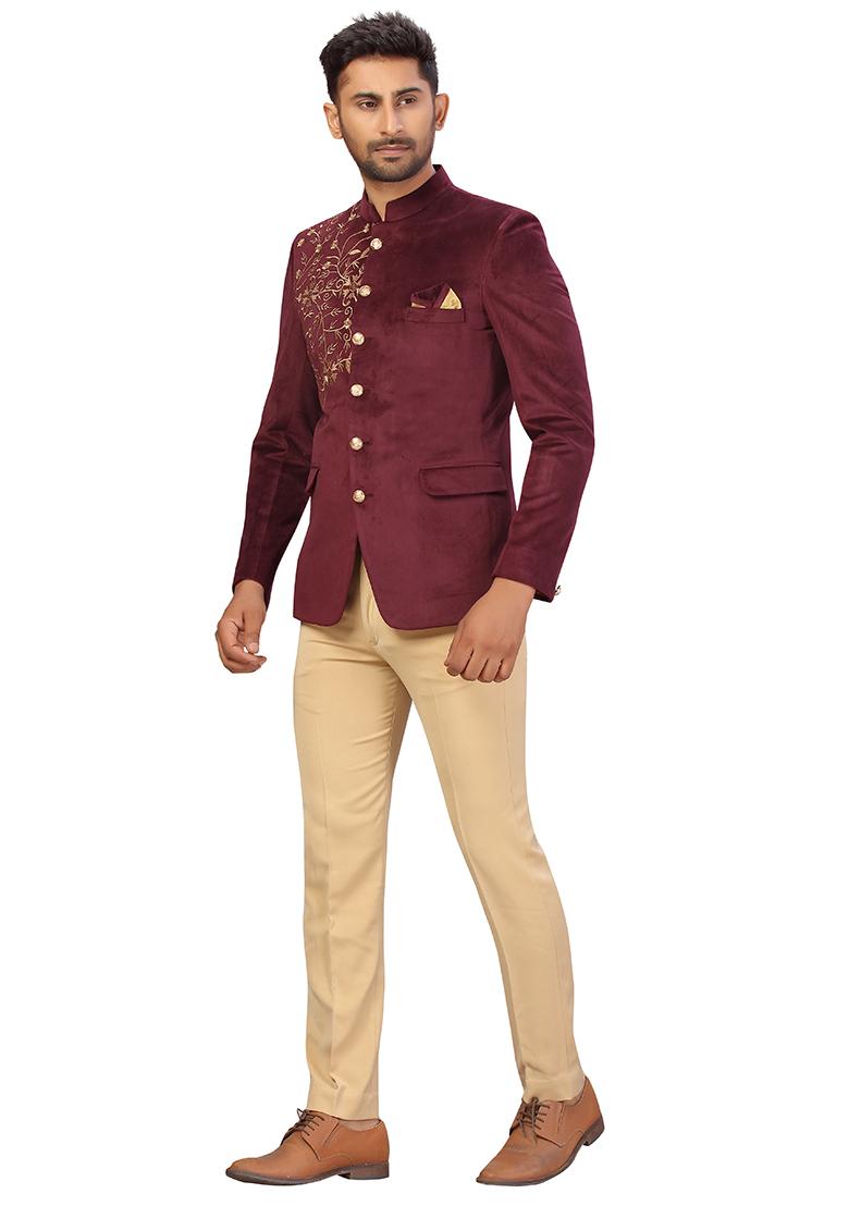 Wine Embroidered Velvet  Bandhgala For Men