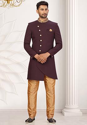 Wine Embroidered Cotton Sherwani for Men