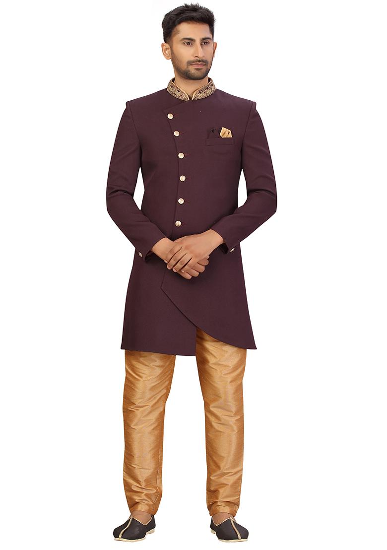 Wine Embroidered Cotton Sherwani for Men