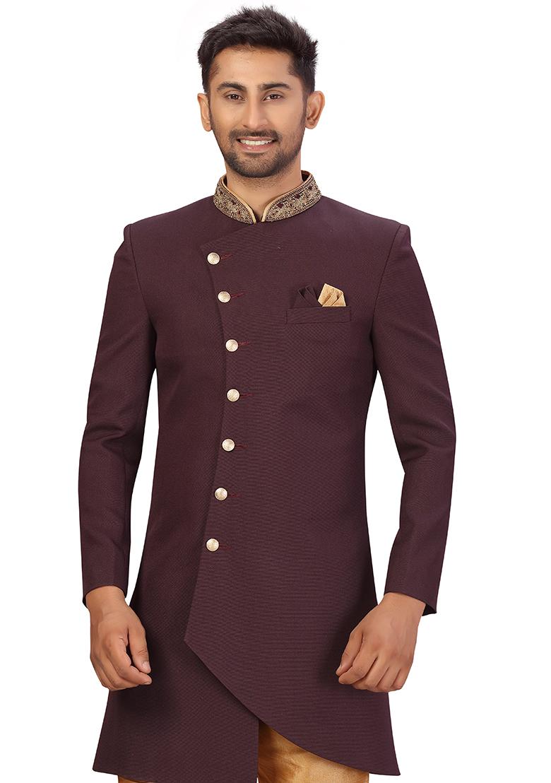Wine Embroidered Cotton Sherwani for Men