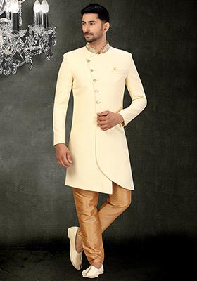 Cream Embroidered Cotton Sherwani for Men
