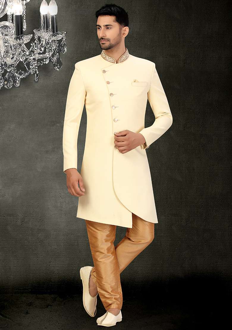 Cream Embroidered Cotton Sherwani for Men - Indya
