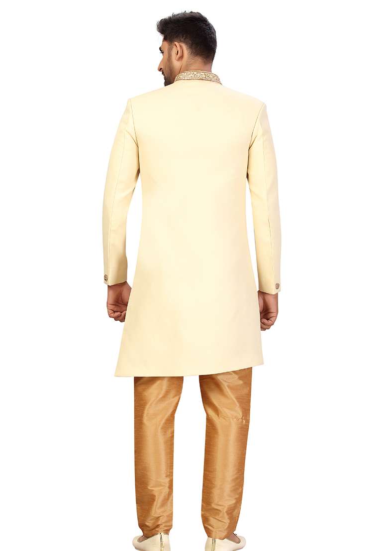 Cream Embroidered Cotton Sherwani for Men - Indya