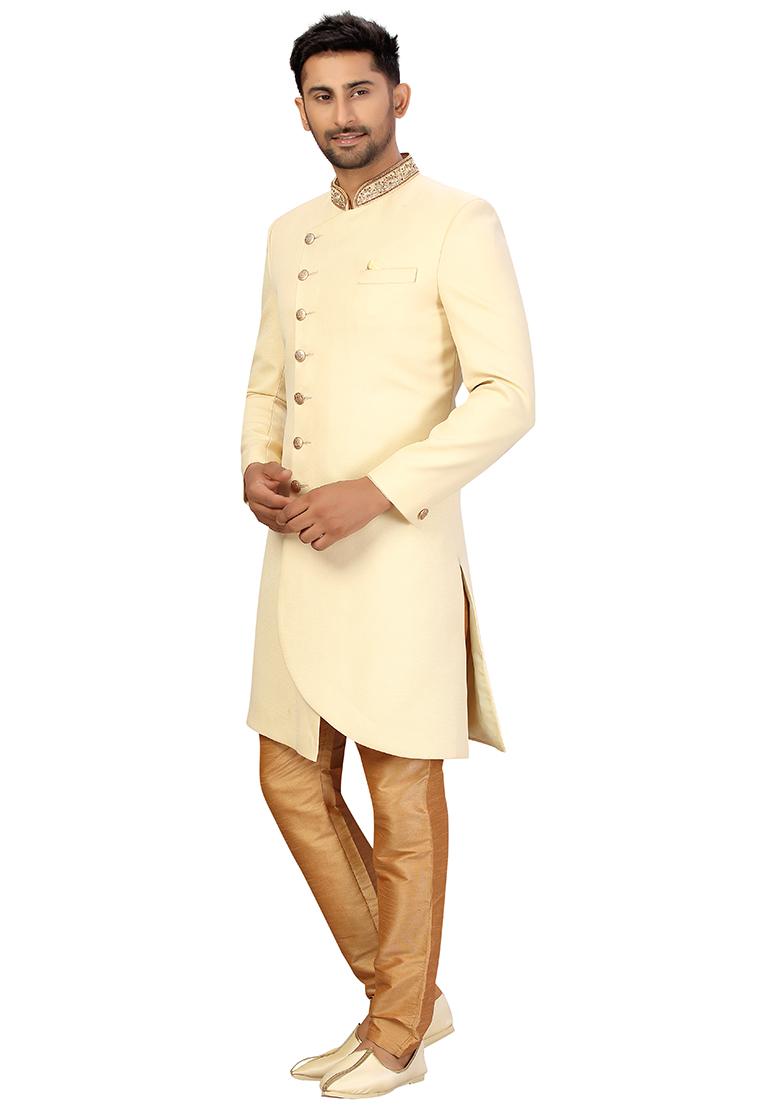 Cream Embroidered Cotton Sherwani for Men