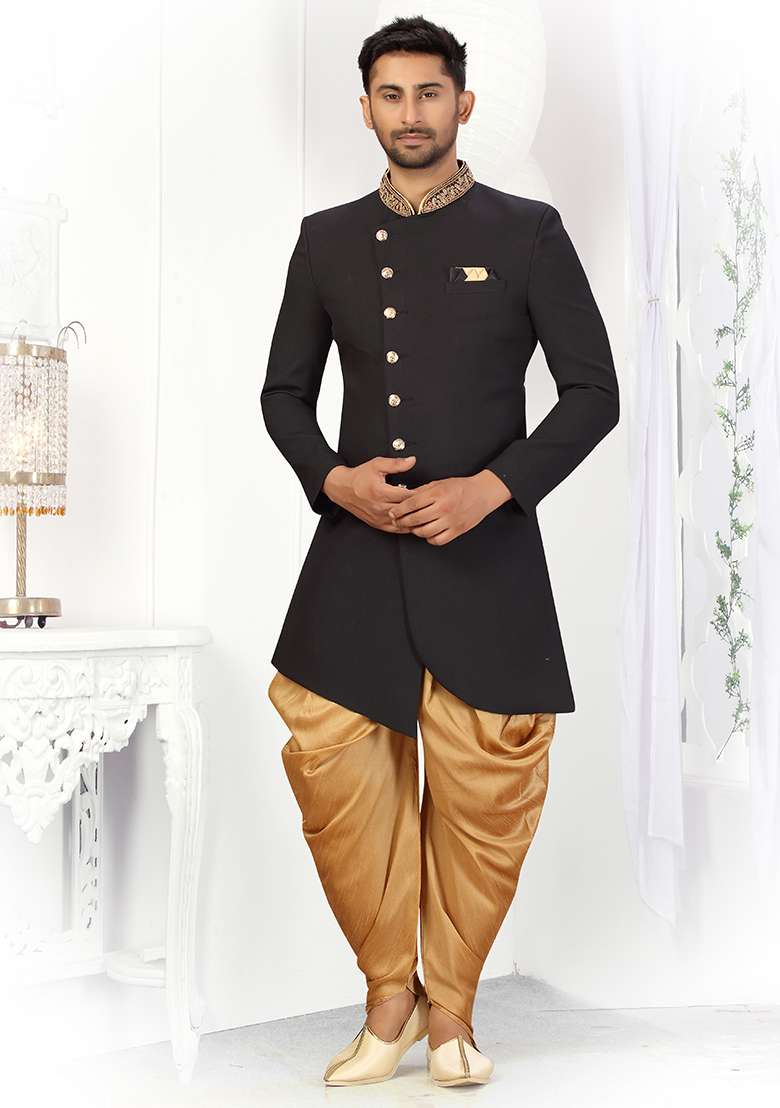 Black Embroidered Cotton Sherwani for Men - Indya