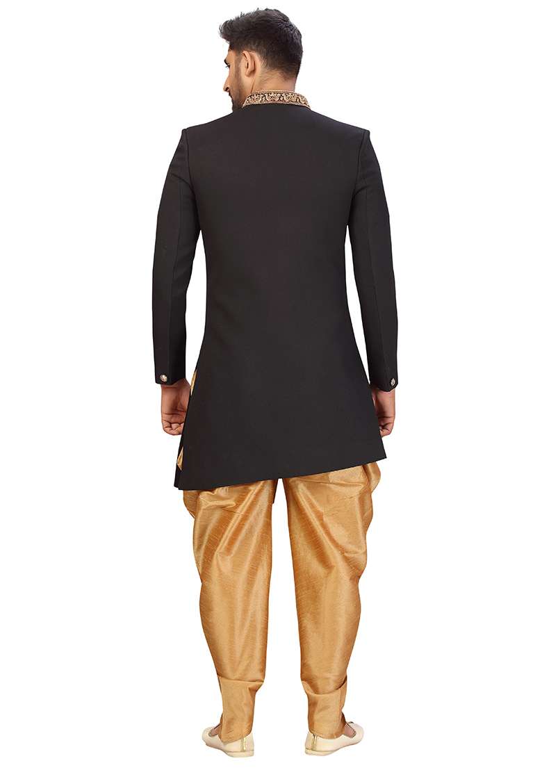 Black Embroidered Cotton Sherwani for Men - Indya