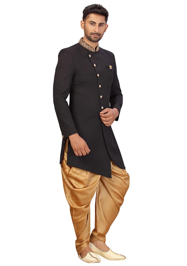 Black Embroidered Cotton Sherwani for Men
