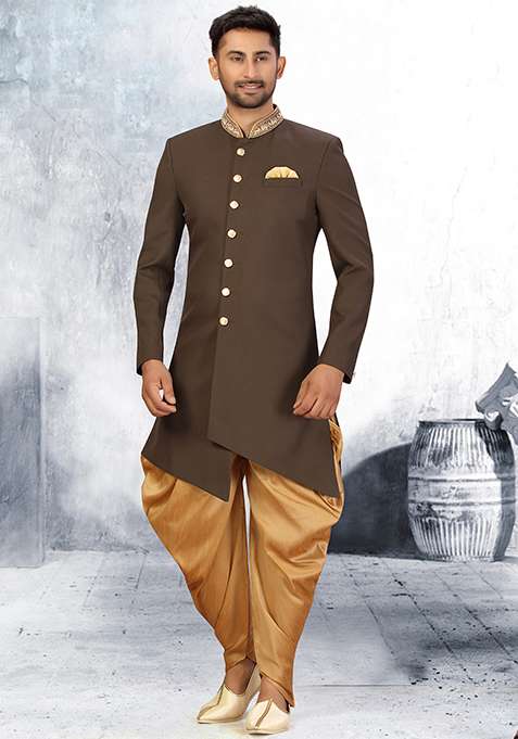 Mehendi Green Embroidered Cotton Sherwani for Men