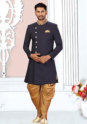 Navy Blue Embroidered Cotton Sherwani for Men