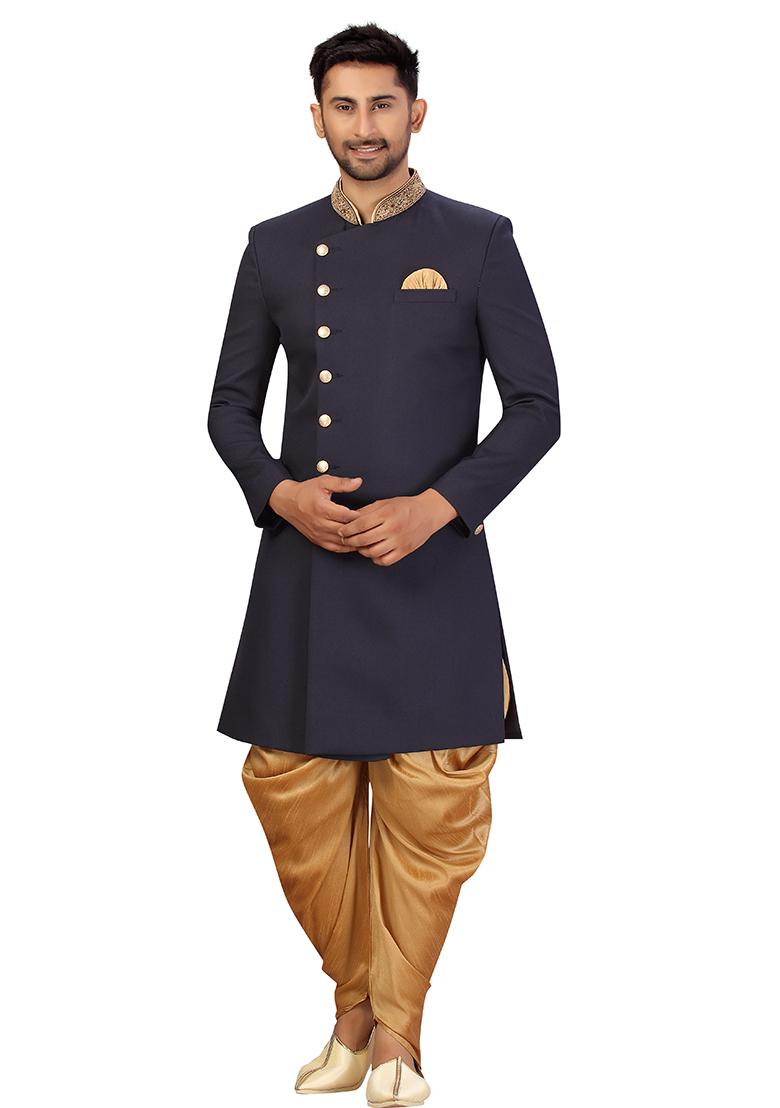 Navy Blue Embroidered Cotton Sherwani for Men