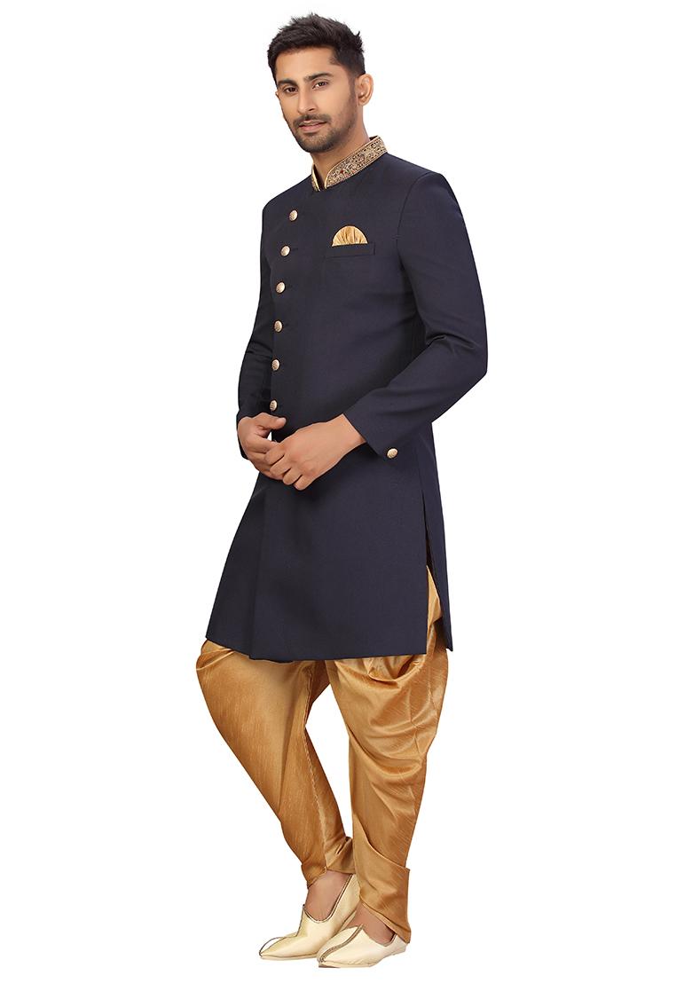 Navy Blue Embroidered Cotton Sherwani for Men
