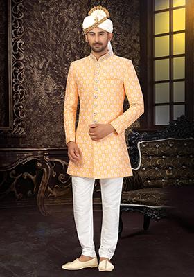 Peach Embroidered Silk Sherwani for Men