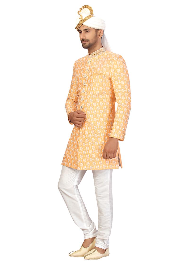 Peach Embroidered Silk Sherwani for Men