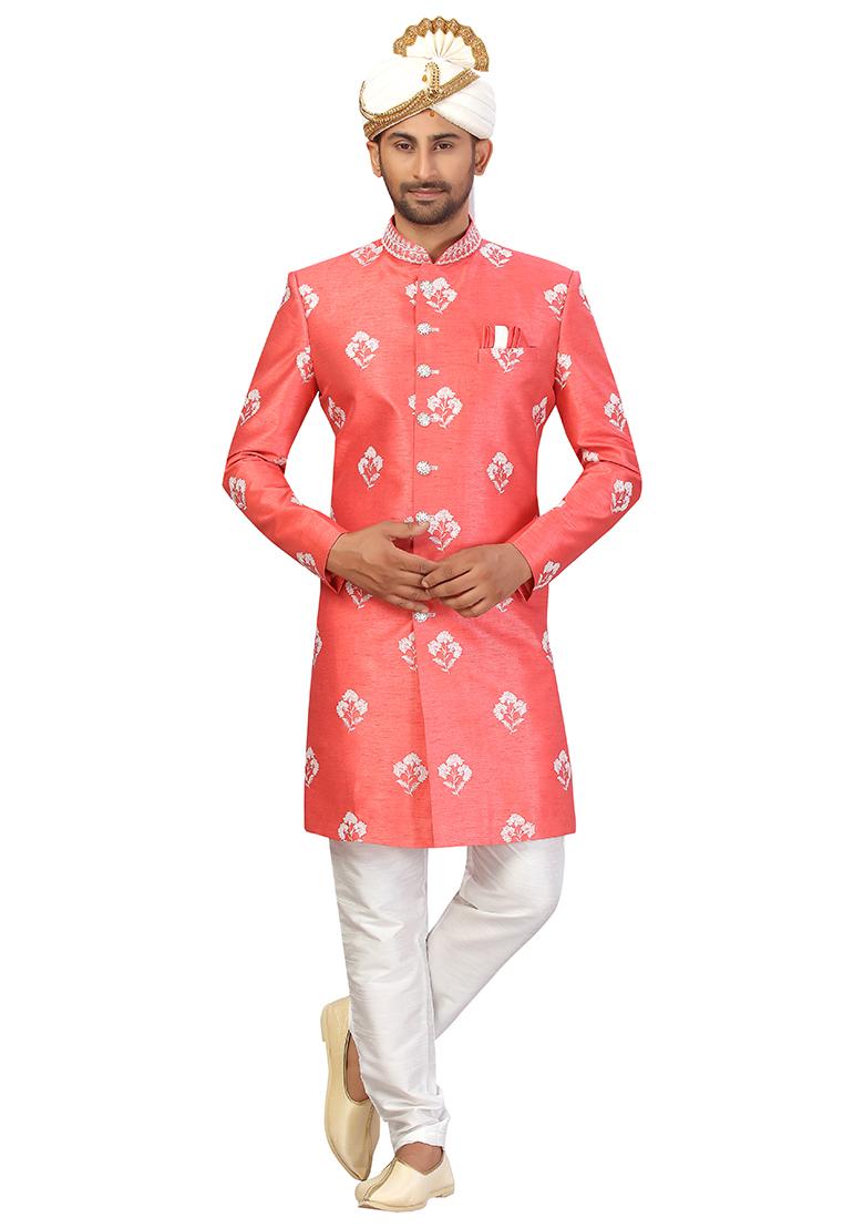 Carrot Red Embroidered Silk Sherwani for Men - Indya