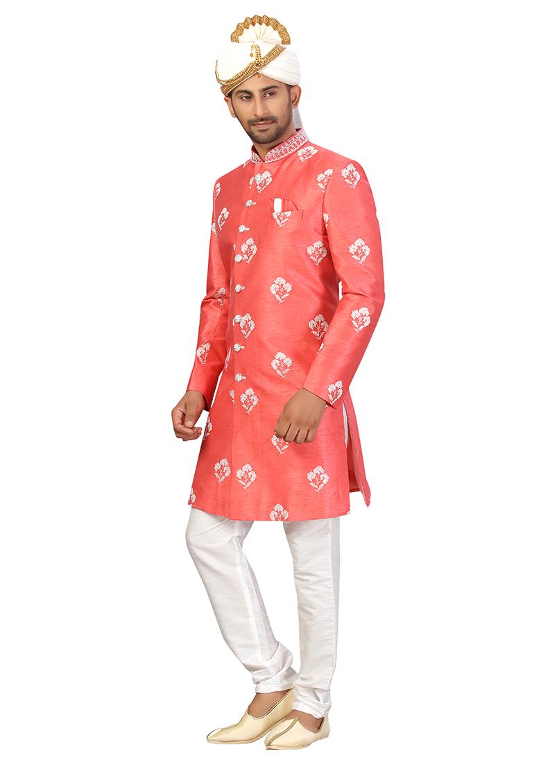 Carrot Red Embroidered Silk Sherwani for Men - Indya