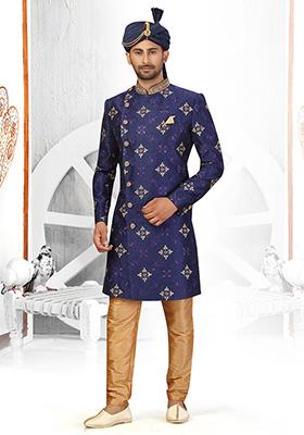 Navy Blue Embroidered Silk Sherwani for Men