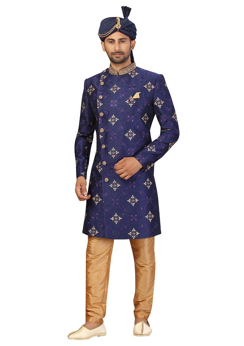 Navy Blue Embroidered Silk Sherwani for Men