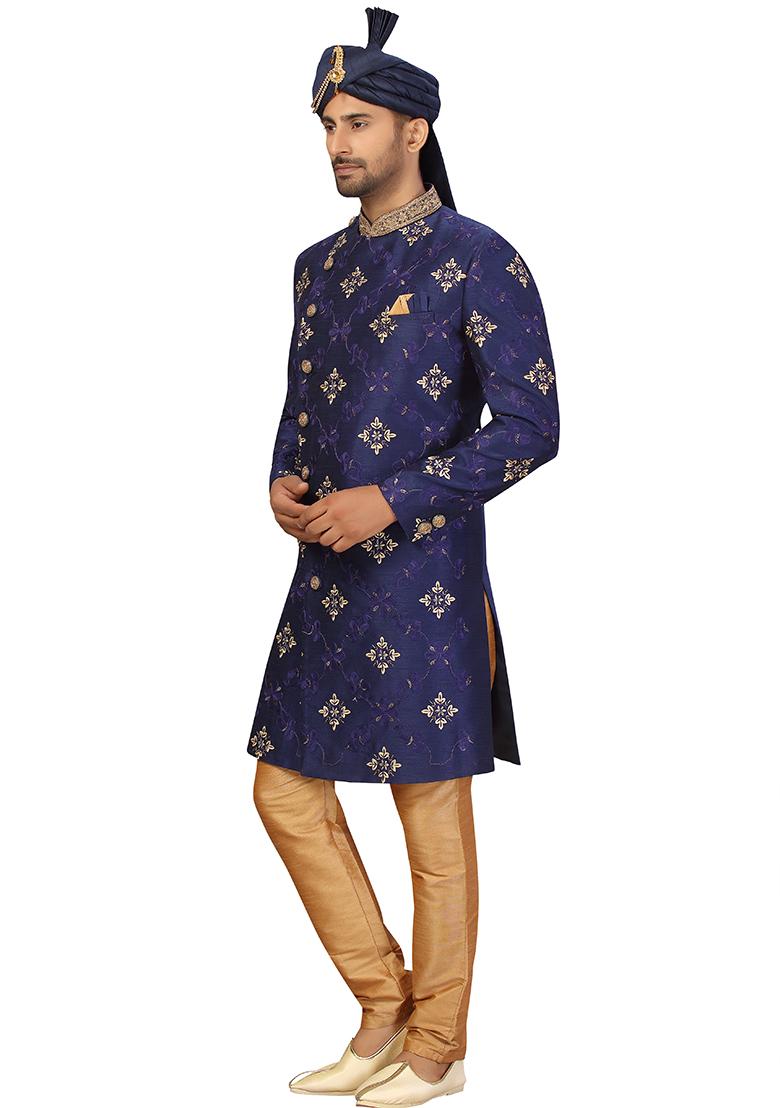 Navy Blue Embroidered Silk Sherwani for Men