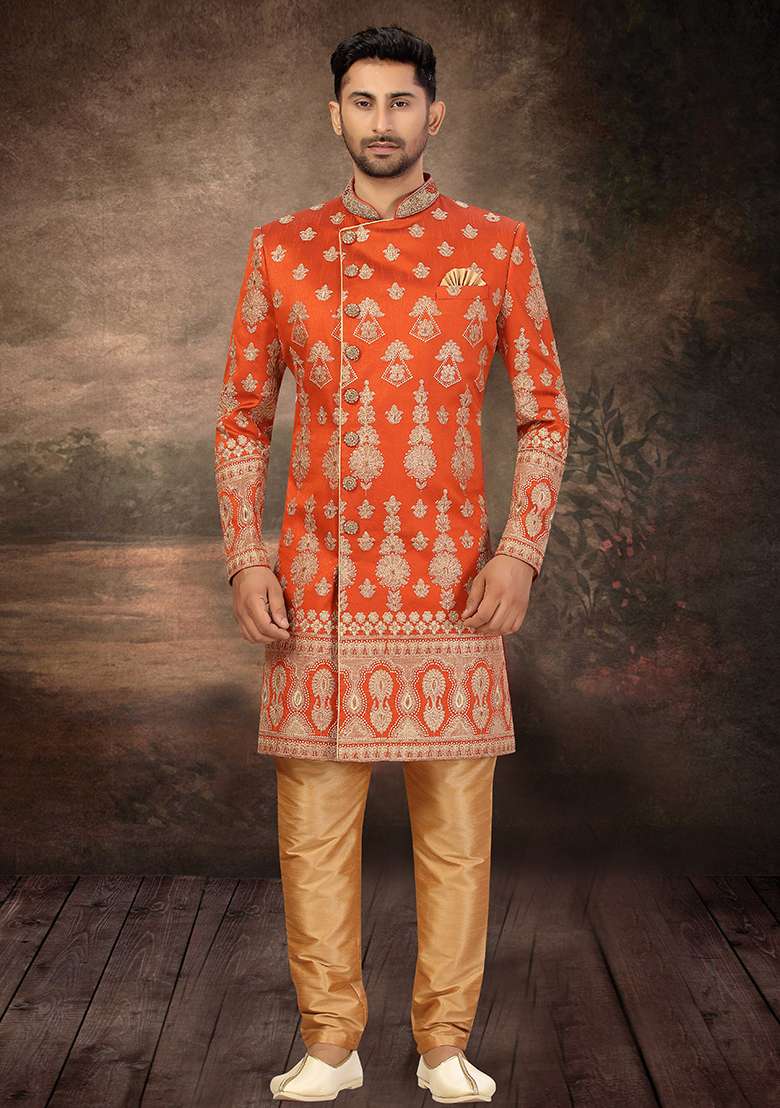 Rust Orange Embroidered Silk Blend Sherwani for Men - Indya