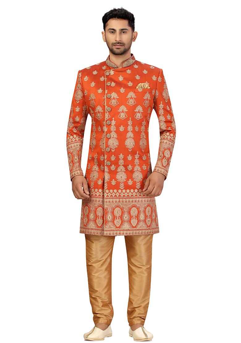 Rust Orange Embroidered Silk Sherwani for Men