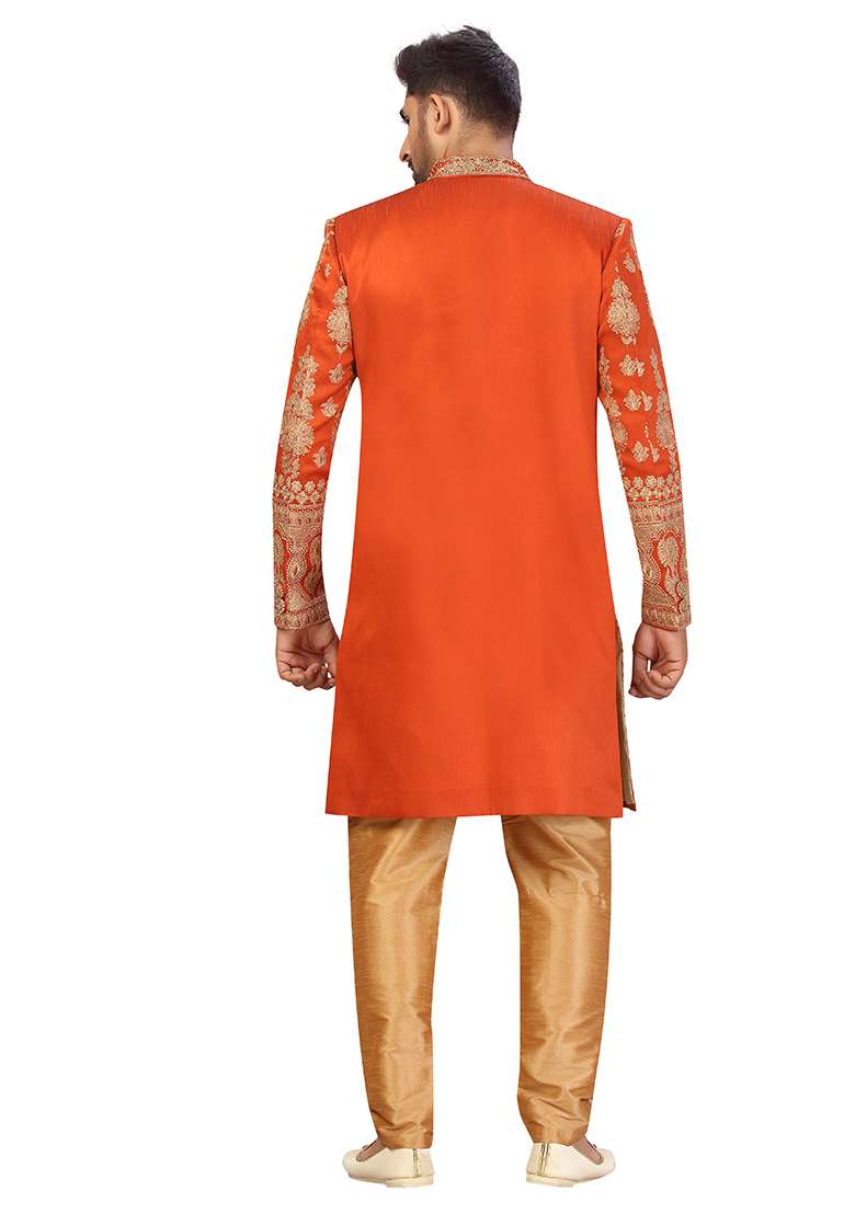 Rust Orange Embroidered Silk Blend Sherwani for Men - Indya