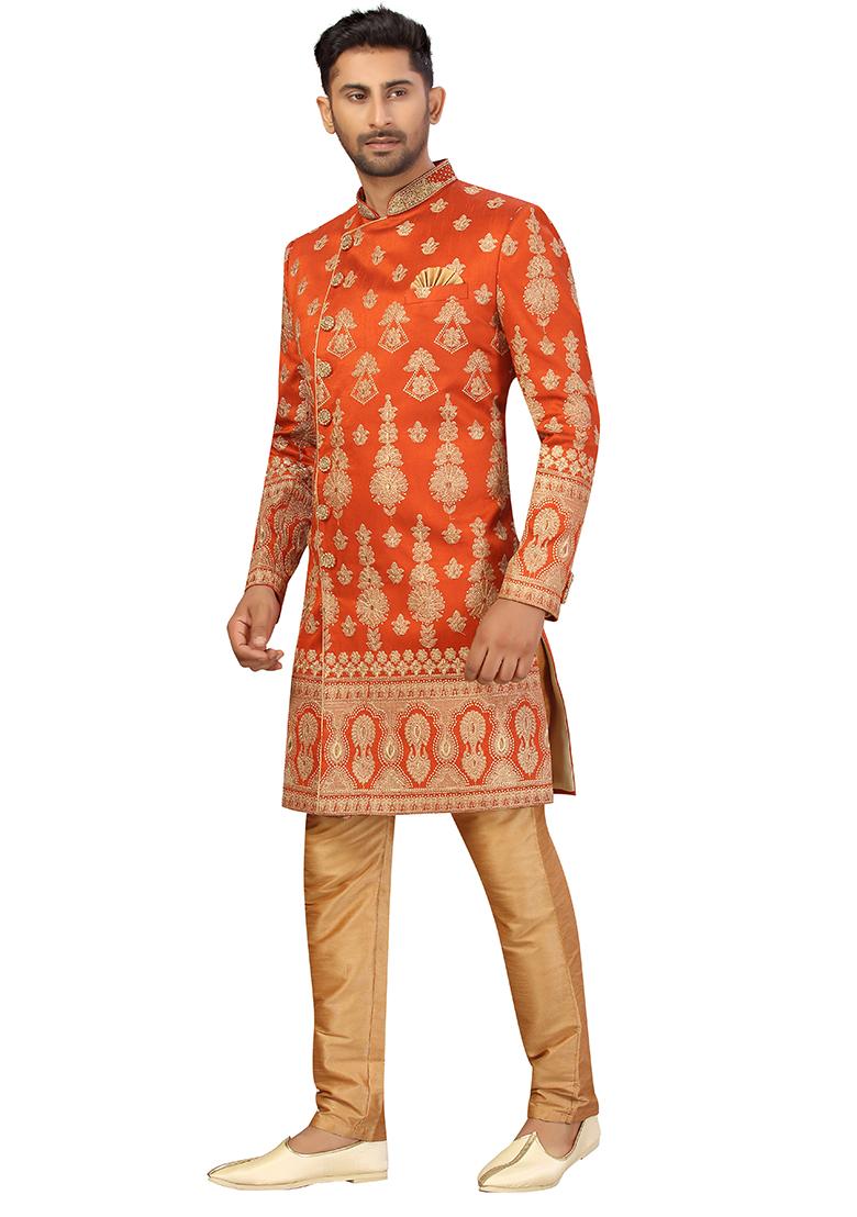 Rust Orange Embroidered Silk Sherwani for Men
