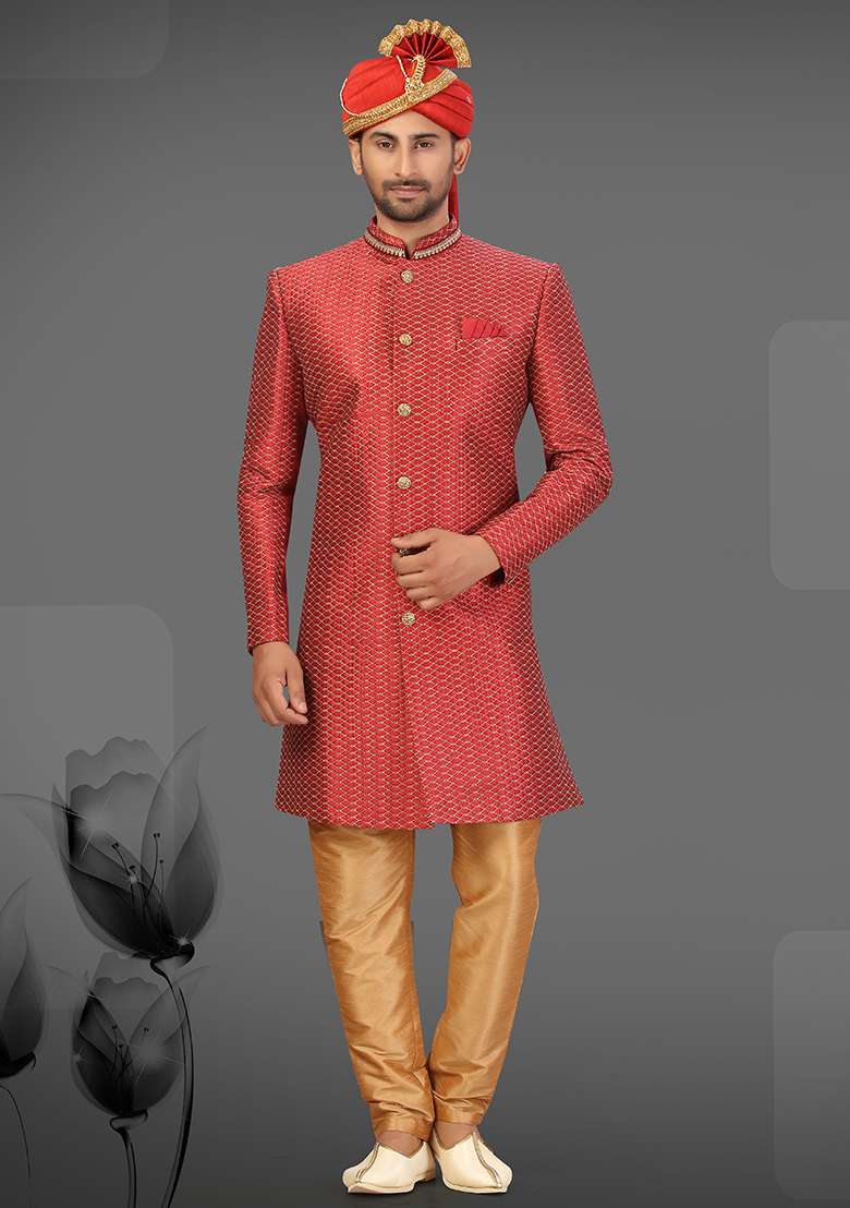 Maroon Embroidered Silk Blend Sherwani for Men - Indya