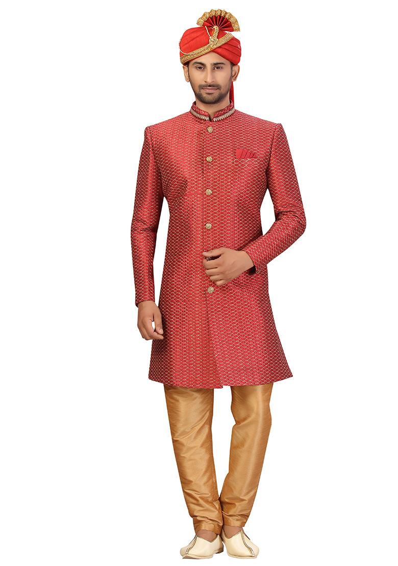 Maroon Embroidered Silk Sherwani for Men