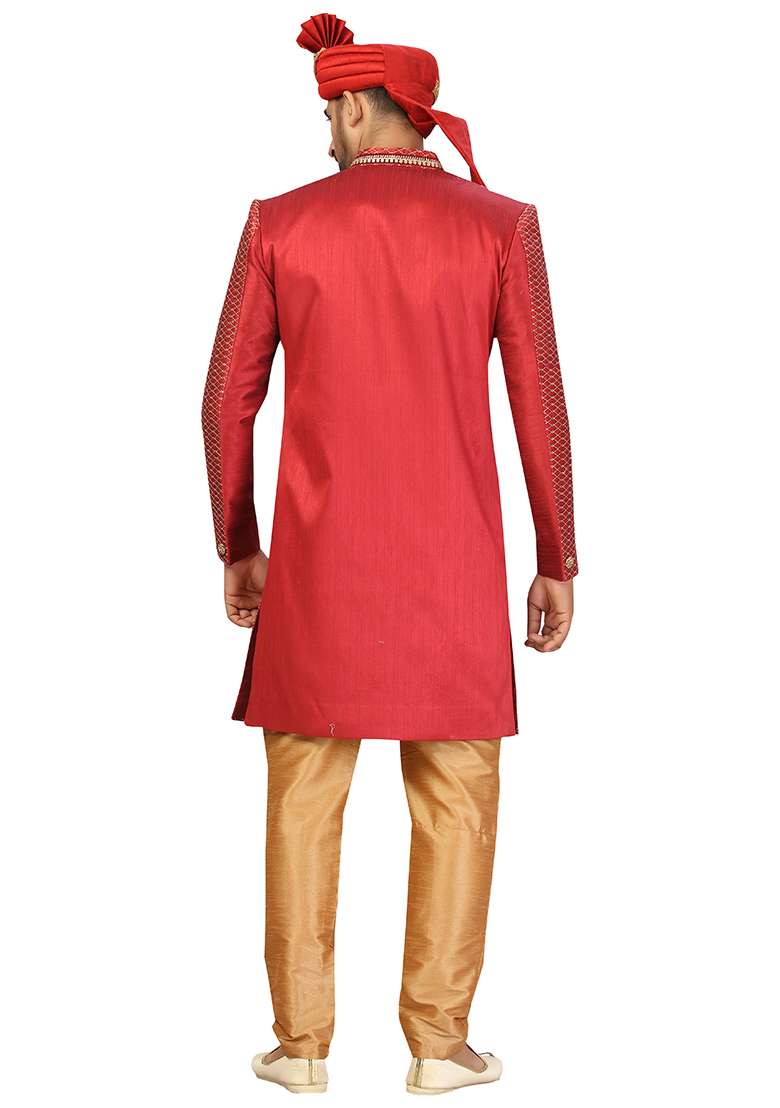 Maroon Embroidered Silk Blend Sherwani for Men - Indya